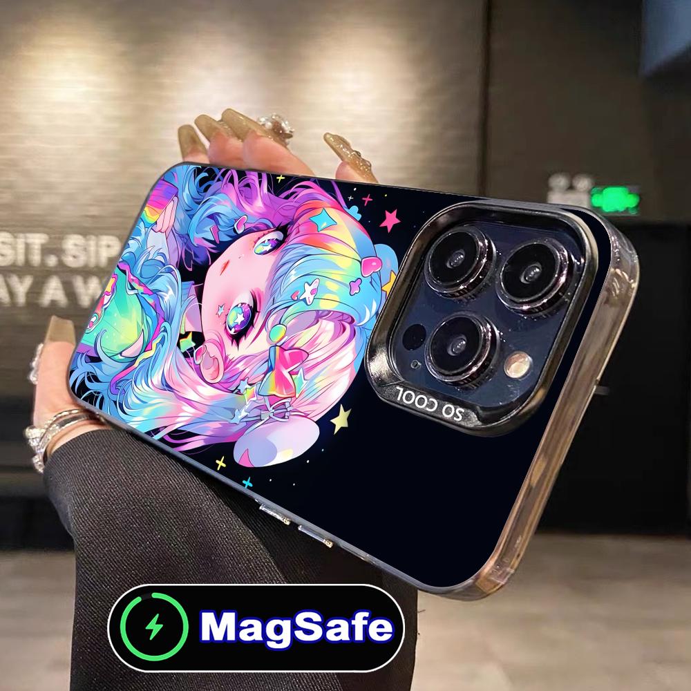 Kawaii Pink Anime Girl Phone Case for iPhone 16 15 14 13 12 11 Pro Max Plus MagSafe Translucent Colour Protective Cover Luxury
