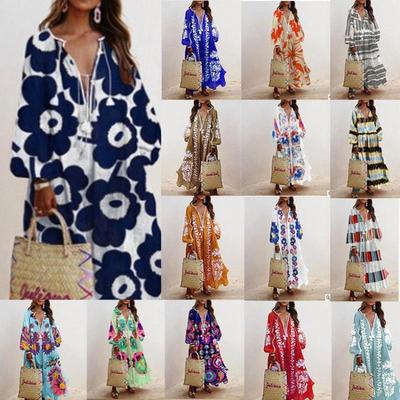 Fashion Casual Bohemian Long Sleeve V Neck Dress Women Long Dresses