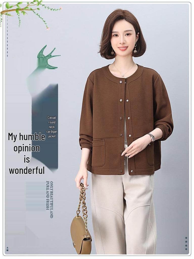 Women's Spring-Autumn 2025 Fashionable Age-Defying Round Neck Cardigan - Thin, Stylish Sweatshirt for Middle-Aged Moms