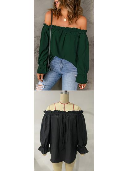 Women's Off-the-Shoulder Chiffon Blouse - European and American Style, Solid Color Pullover for Spring and Autumn, Sexy & Elegant.