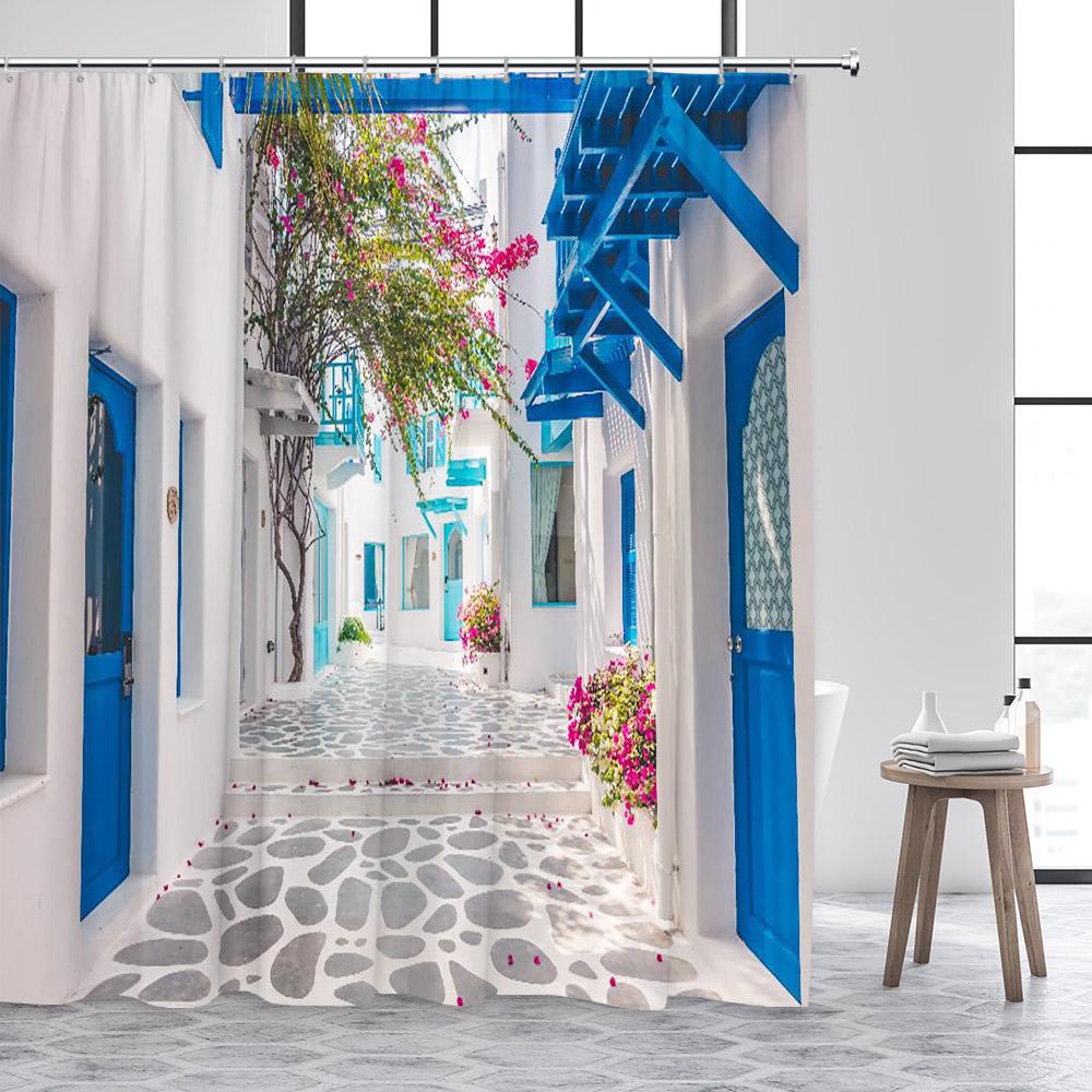 Greek Mediterranean Shower Curtain Purple Flowers Blue Door Window White Architecture Nature Landscape Bathroom Curtains Decor