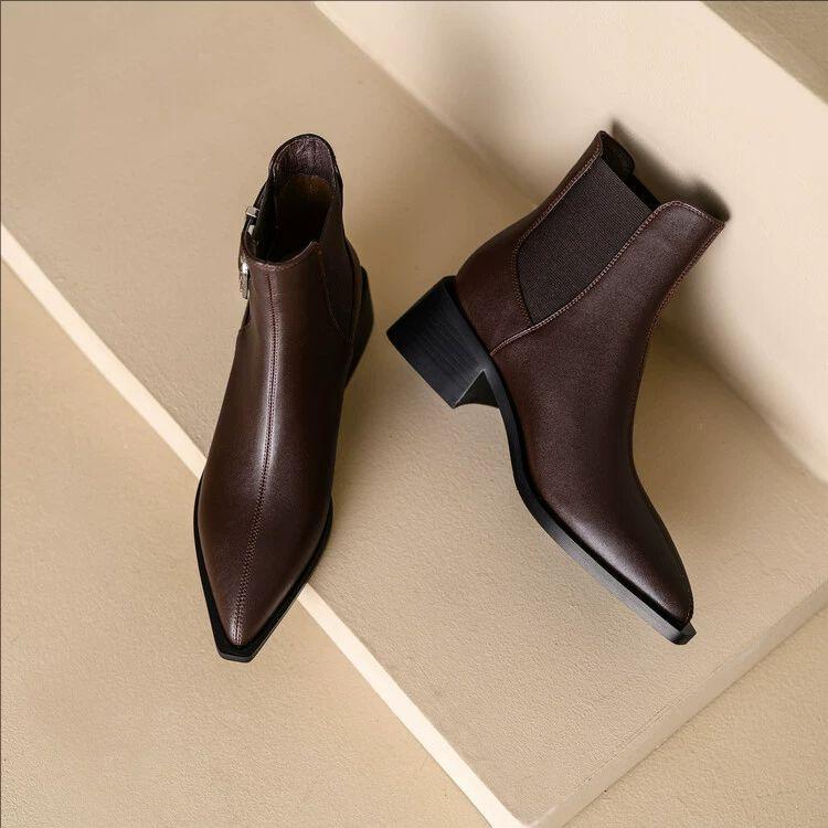 Fashion Women Pointed Thick Ankle Boots  Winter Comfortable Soft Leather Short Boots Woman Fashion Solid Color Slip On Botas Mujer