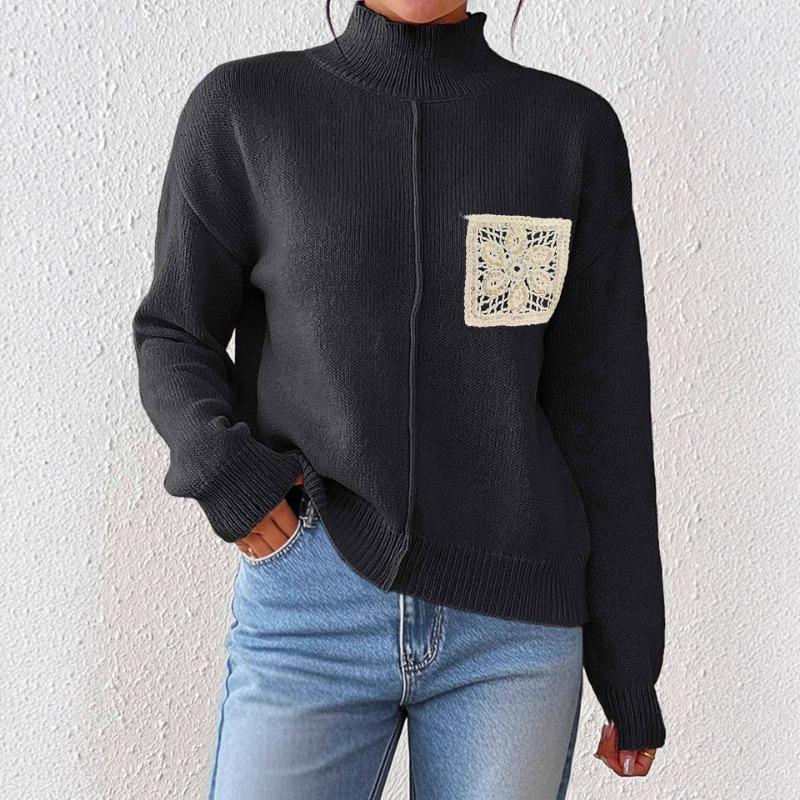 European and American Women's Half-high Neck Pullover Sweater Sequin Hollow Pocket Splicing Sweater