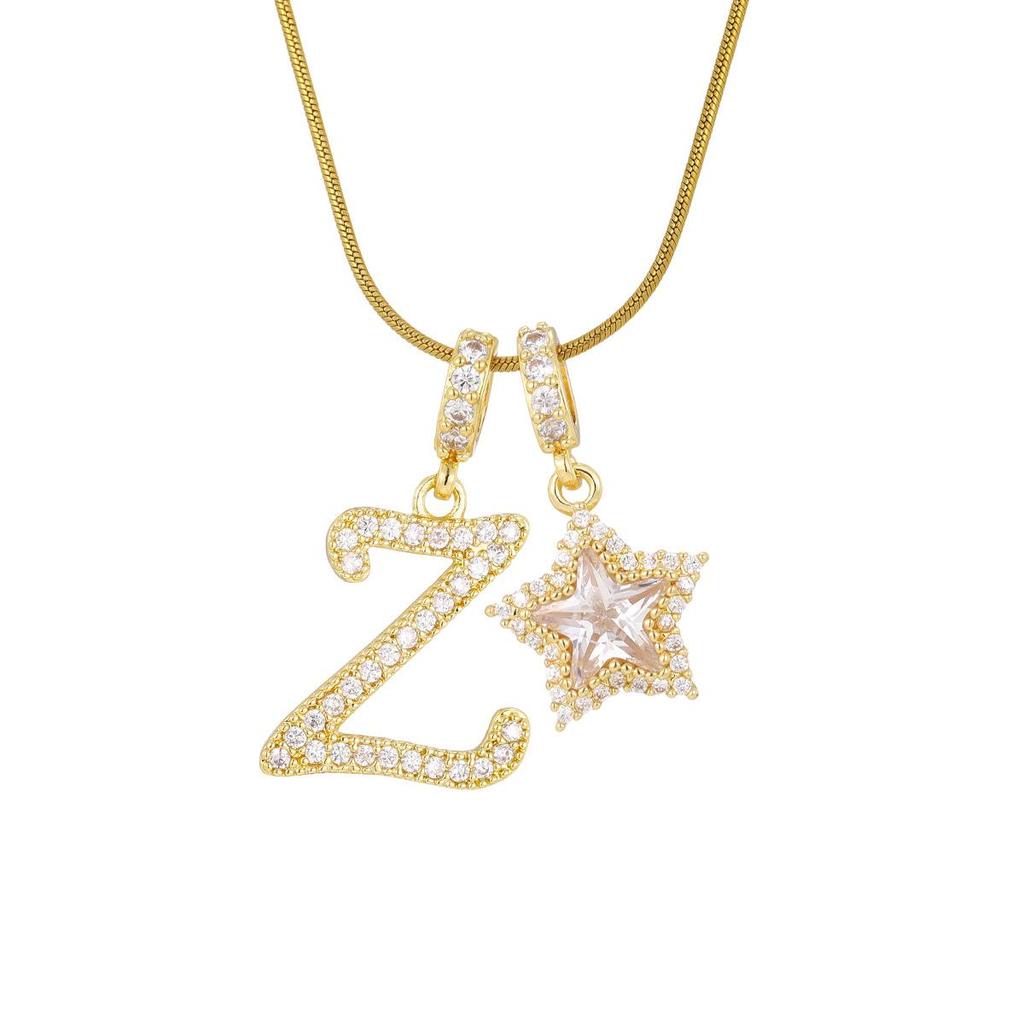 18K Gold Plated Copper Necklace with Zirconium Pentagram & Letter Pendant for Women