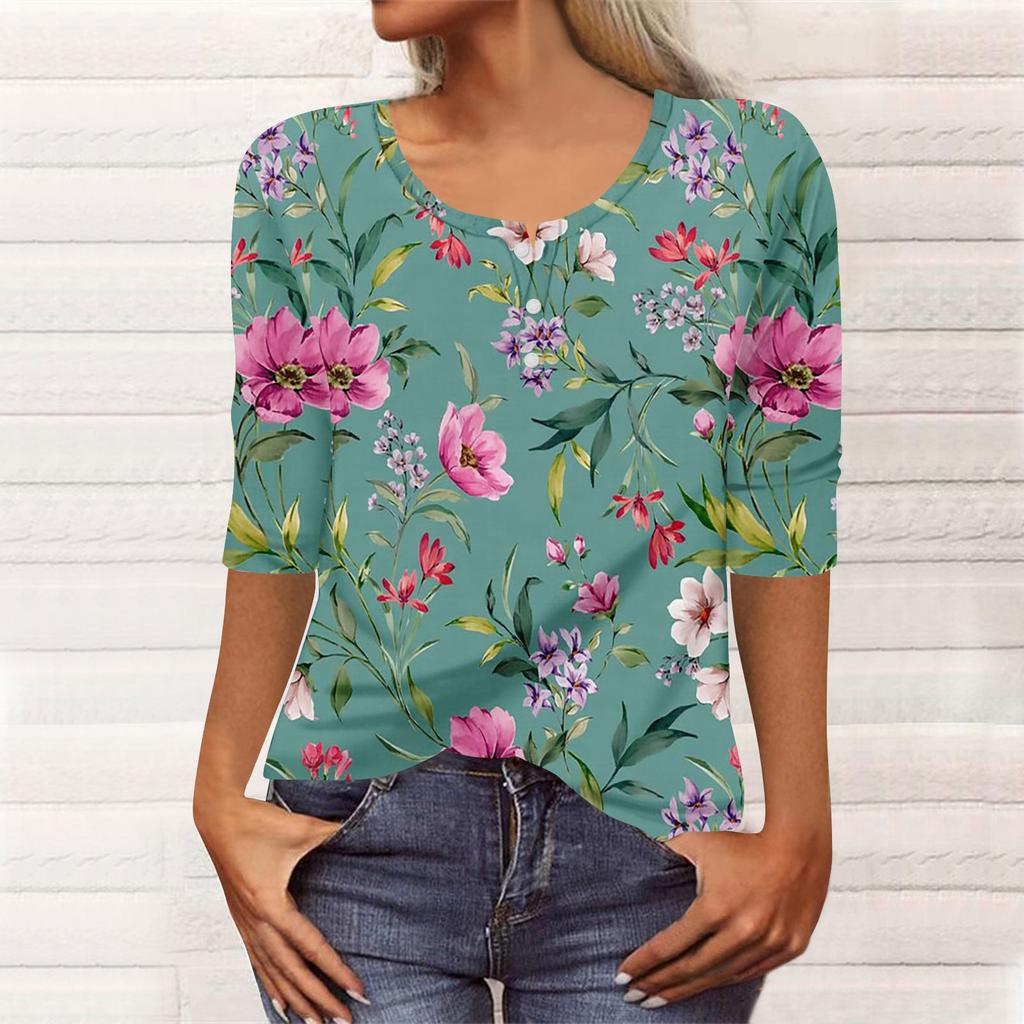 Women's Fashion Casual 3/4 Sleeve Buttons Print U-Neck Pullover Top Blouse