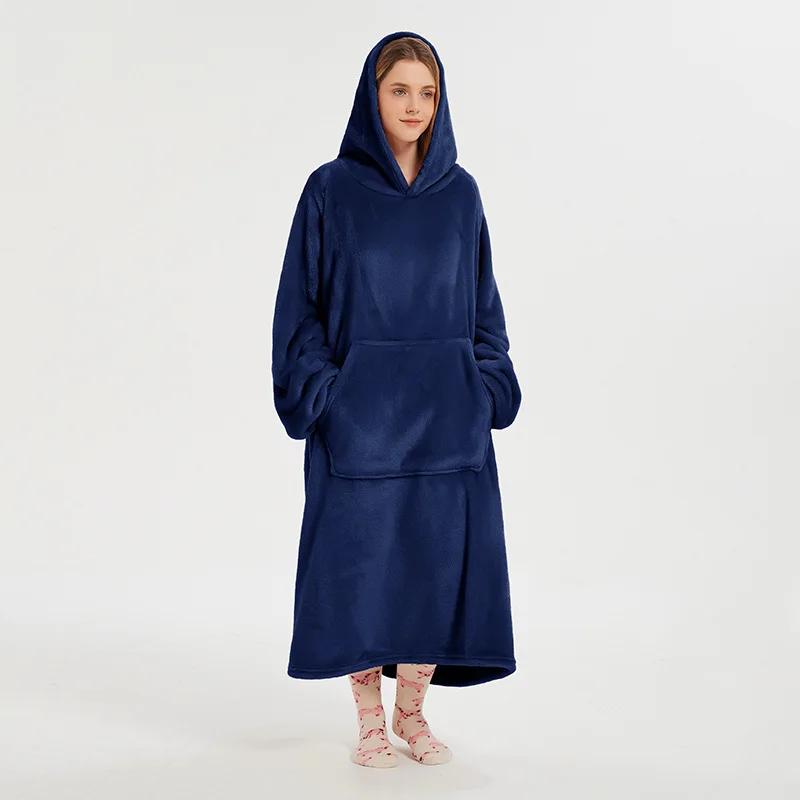 

Носимое одеяло с капюшоном для женщин и мужчин, большой размер, толстовка с капюшоном, уютное и теплое флисовое одеяло с рукавами onesize темно-синий