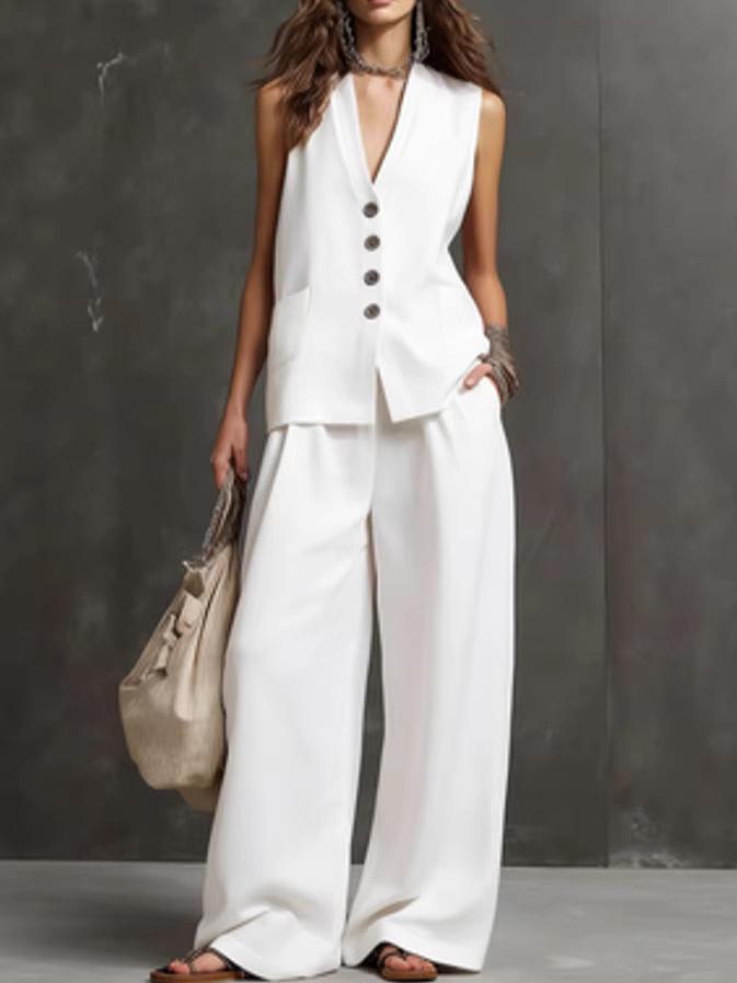 2026 Women's Cotton Linen Two-Piece Sleeveless Vest & Wide-Leg Pants Set