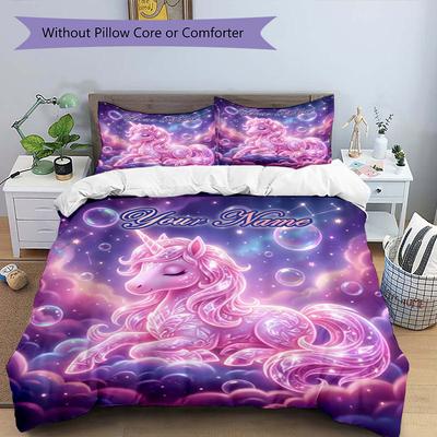 3PC Custom Name Unicorn Dreams Starlight Bedding Set Duvet Cover Closure Includes 1 Duvet Cover & 2 Pillowcases for Bedroom