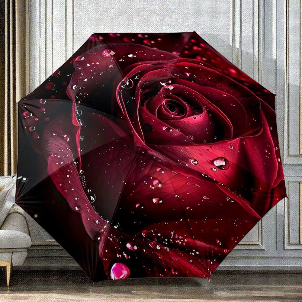 

Automatic Folding Umbrella Red rose with water droplets. Portable collapsible design, casual outdoor accessory, Christmas birt (as the picture,Iron&8K)