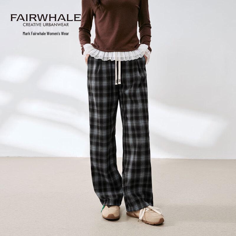 Mark Fairwhale Women's High-Waist Plaid Wide-Leg Casual Pants