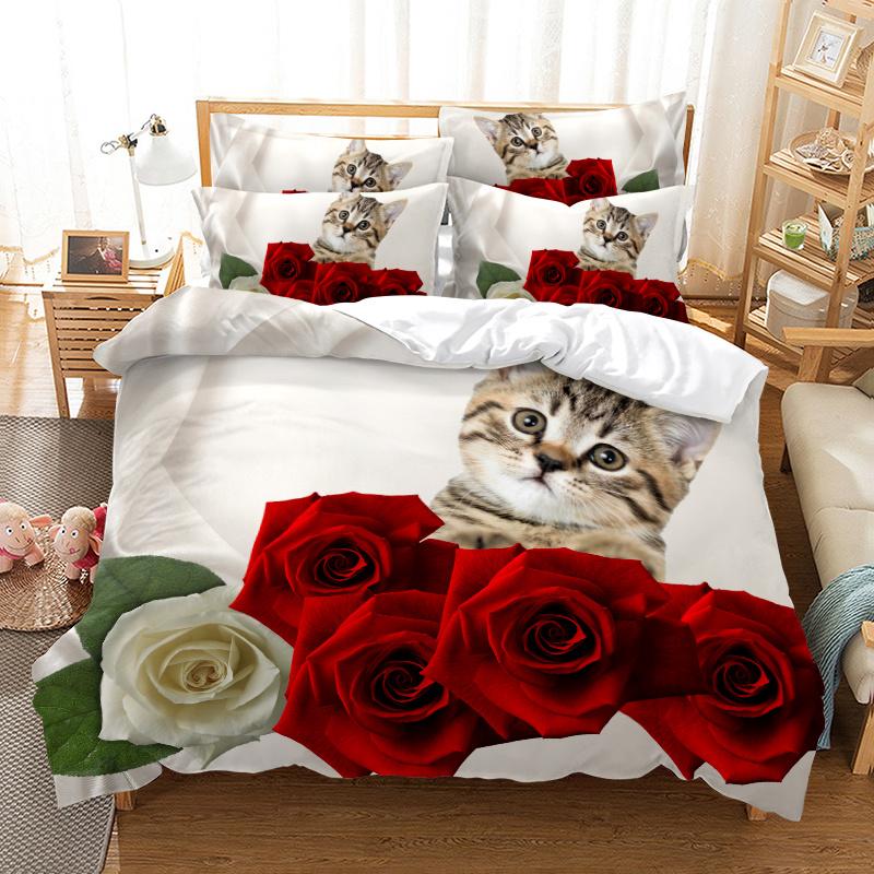Juego de cama de rosas rojas Funda nórdica de flores Juego de cama 3d Juego de cama moderno Suave Cálido Juego de cama para niña Cama King Doble Juego de funda nórdica