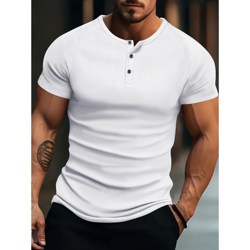 Men Vertical Ribbed Henley Neck Short Sleeve T-Shirt Casual Slim Fit Top