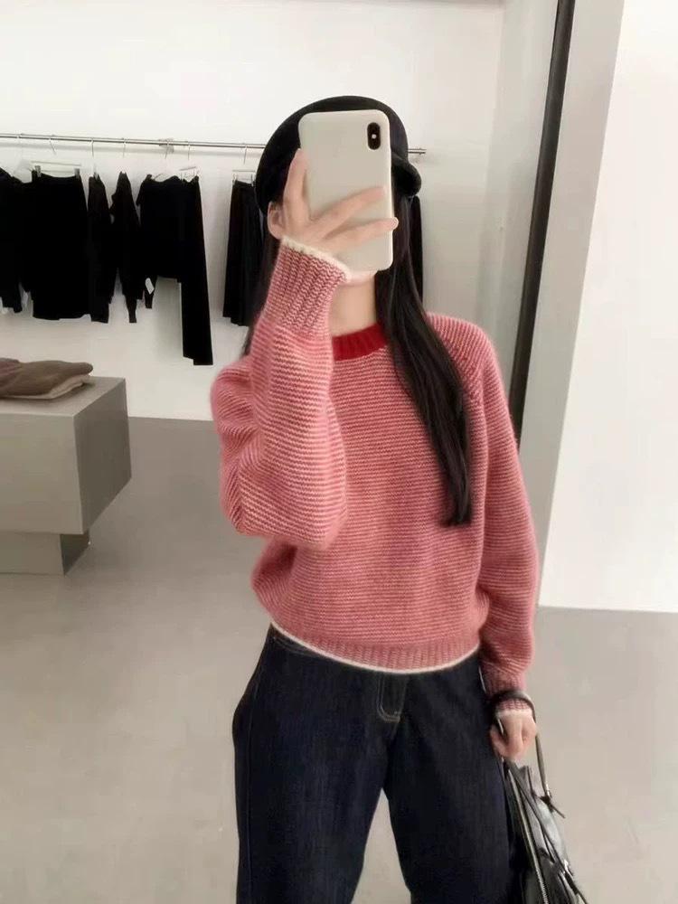 European Style Pure Wool Color-Block Striped Sweater for Women - Thickened, High-End Autumn/Winter 2024 Base Layer Short Top