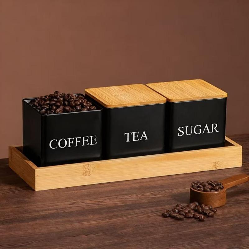 3-Piece Coffee Tea Sugar Storage Canister Set with Tray Kitchen Food Organizer Jars for Coffee Beans Tea Leaves Sugar Kitchen