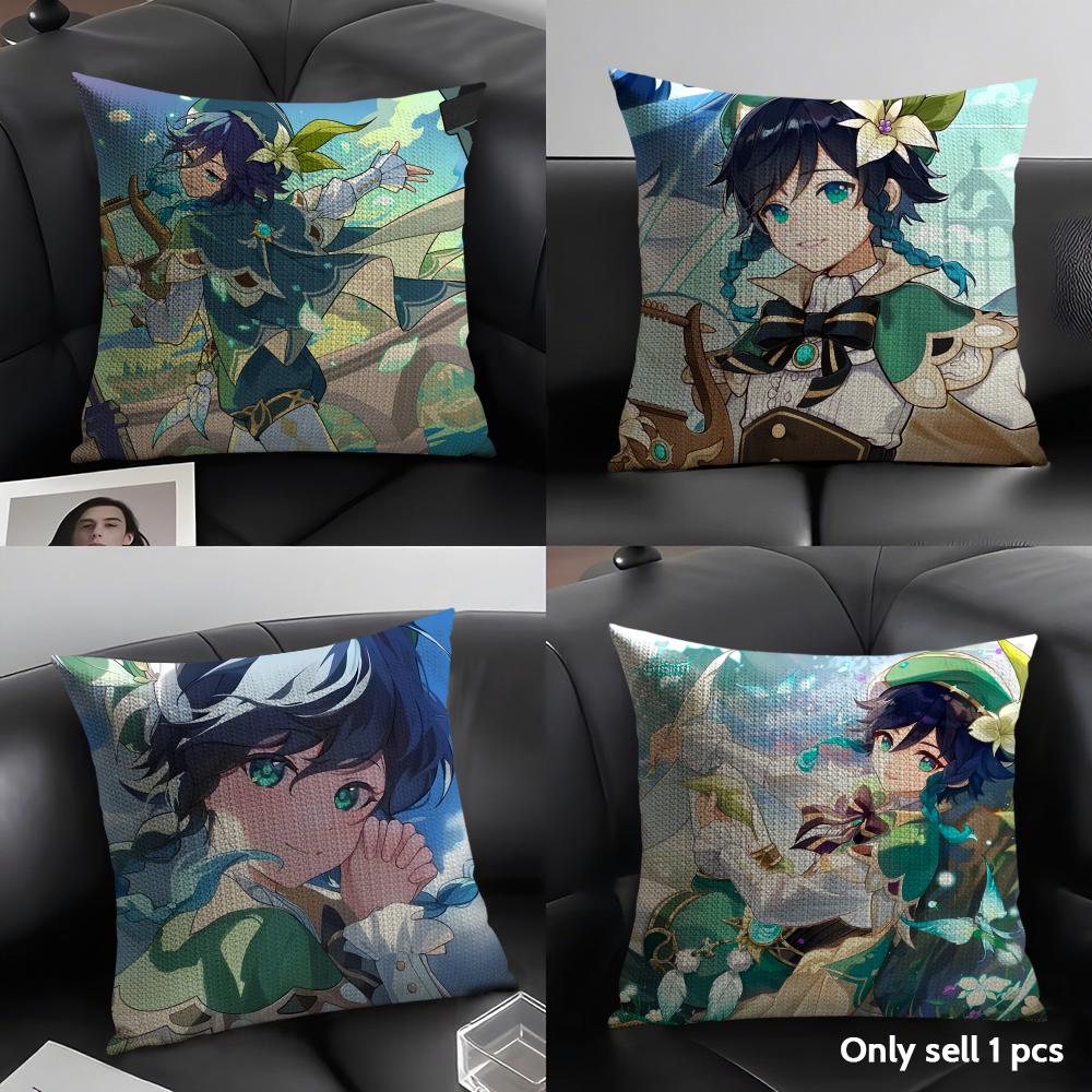 Venti Cute Genshin Impact Cushion Cover Natural Linen Organic Fabric Double-Sided Printing Sofa Home Decor Gift Pillow Case