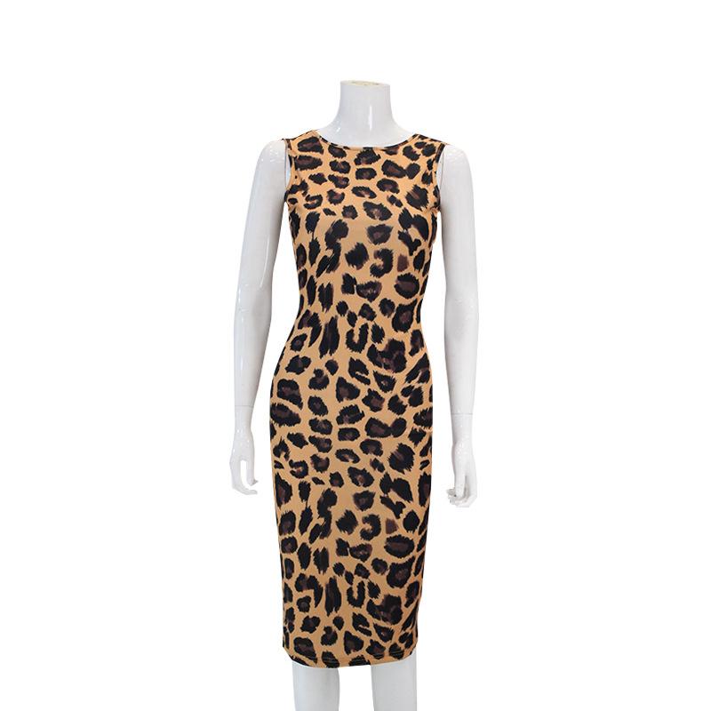 European and American Sexy Leopard Print Dress Sleeveless Big Halter Spice Girl Style Hip Skirt Medium and Long Dress
