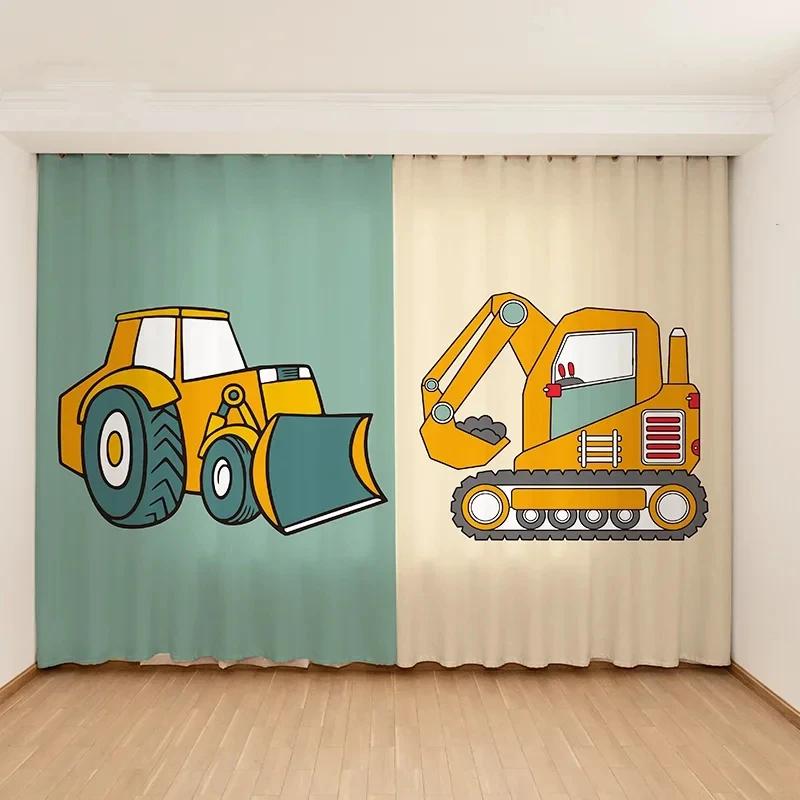 New Cute Blue Yellow Toy Car Excavator Curtain for Children's Room Boys Bedroom Baby Room Kindergarten Window 2Panel New Pattern