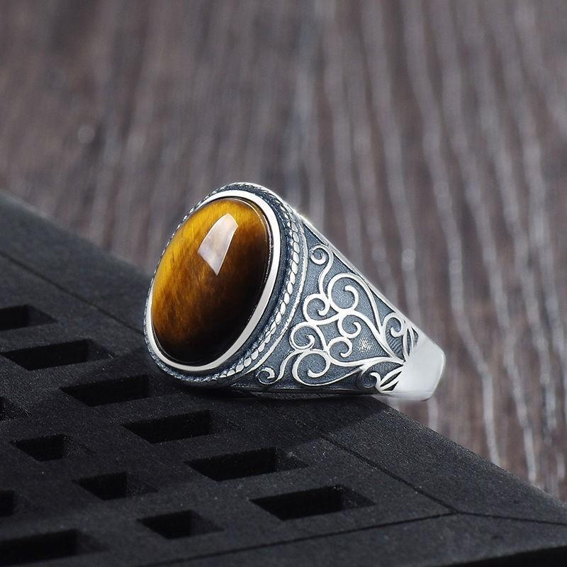 S925 Silver Tiger Eye Stone Live Mouth Men's Ring Vintage Style Natural Gift Opening Ring Gold Sense 2026