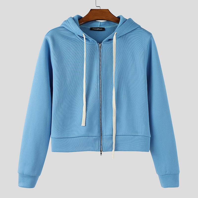 

INCERUN Men Drawstring Long Sleeve Zip Up Cropped Hooded Sweatshirts XL синий