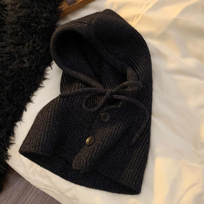 Winter Balaclava Hats Knitted Hooded Caps Women Korean Style Outdoor Warmer Drawstring Hats One-piece Neck Collar Beanies Cap