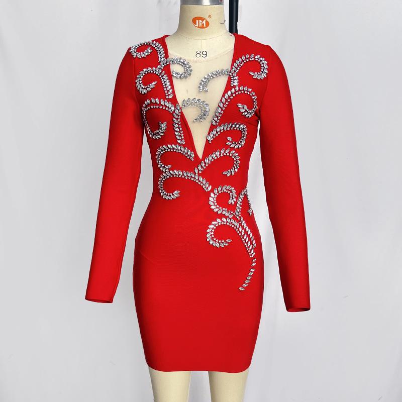 Black Red Rhinestone Long Sleeve Bandage Evening Dress