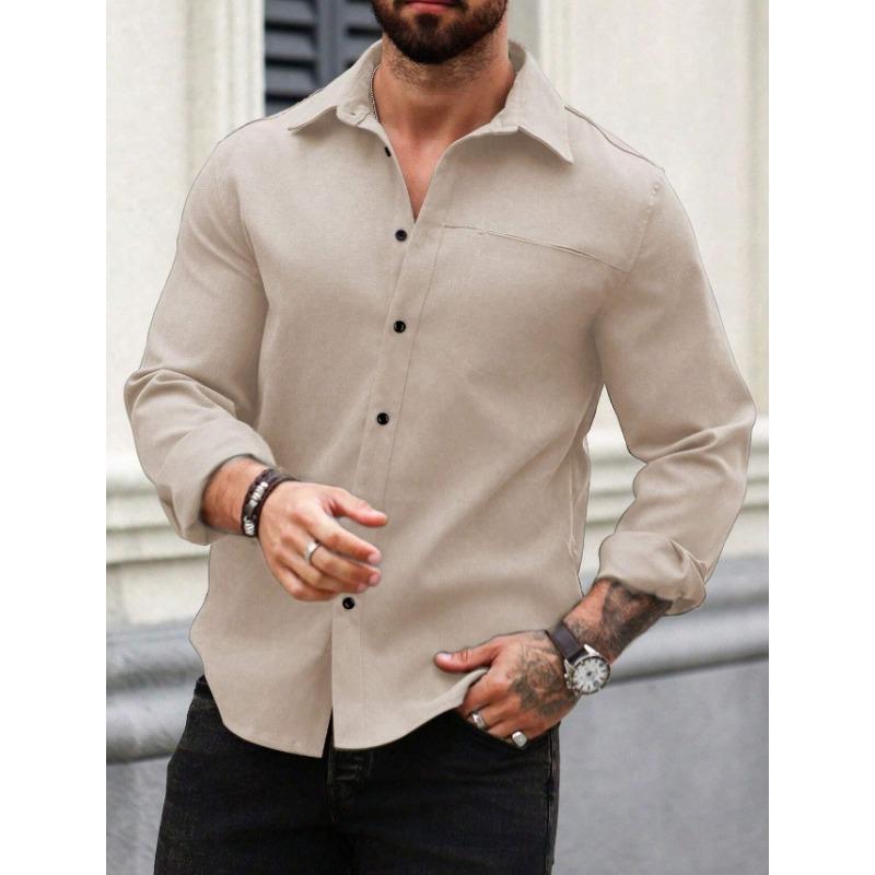 Men European American Solid Color Button Down Long Sleeve Casual Shirt With Pocket