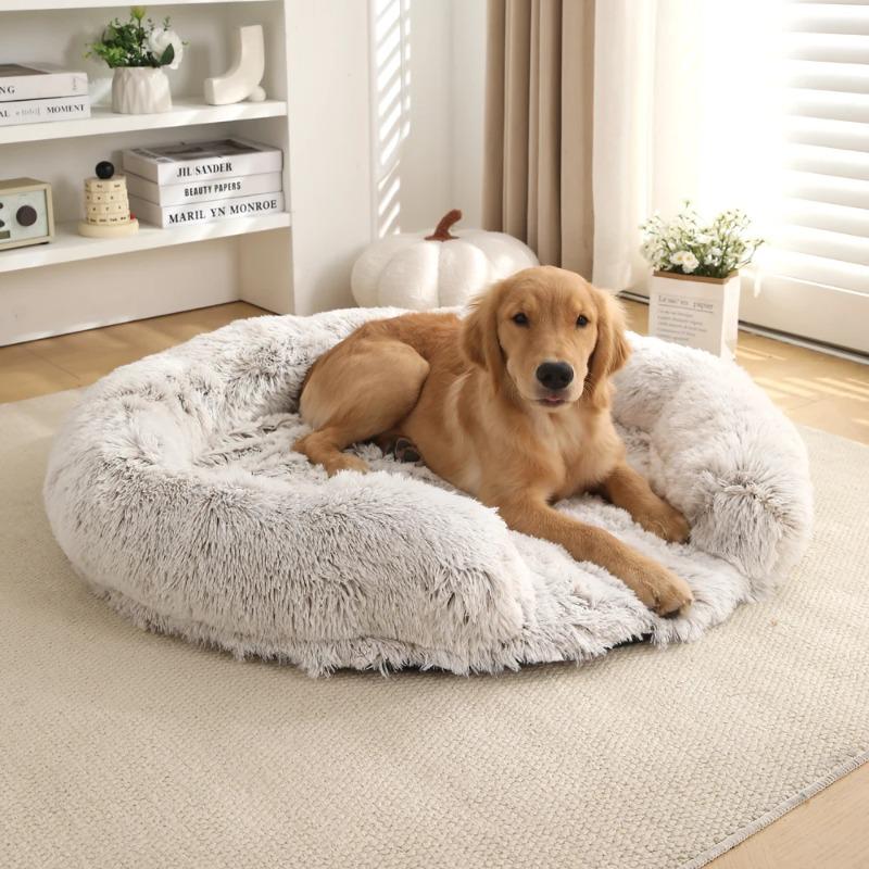 New Round Plush Pet Bed - Winter Warm Dog Cat Bed with Long Fur Cozy Sleeping Mat Cushion for Small Medium Pets