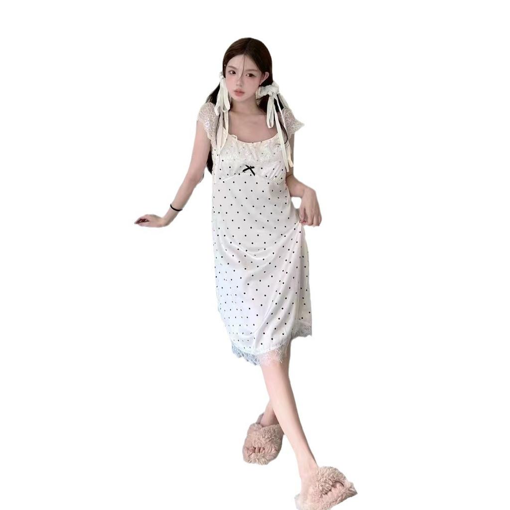 New pajamas women's ice silk thin summer with chest pad polka dot pattern pure desire style silk loungewear long dress