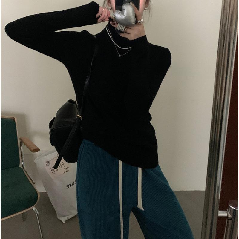 

Удобный и тонкий трикотажный свитер с круглым вырезом половинной высоты, новый свитер-пуловер на осень и зиму, с длинными рукавами, однотонная базовая рубашка One Size чёрный