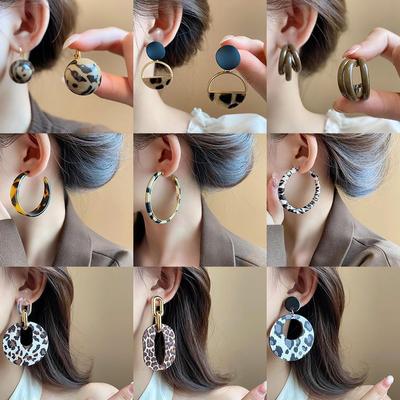 Brincos de círculo geométrico com estampa de leopardo e agulha de prata - Estilo europeu e americano moderno e retrô de alta qualidade