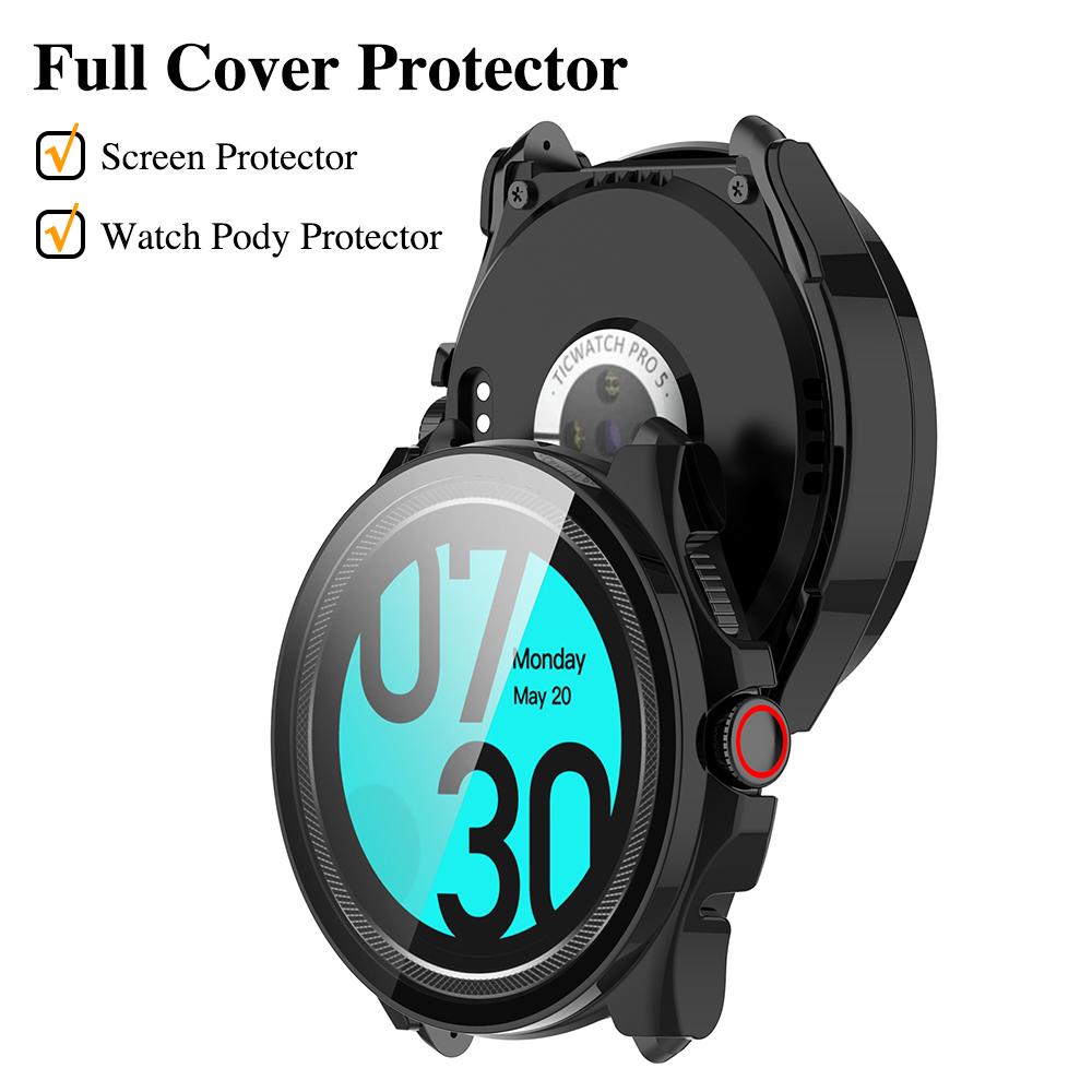 Glass+Hard Case for TicWatch Pro 5 Screen Protector Tempered Glass All-around Bumper Protection Cover Shell Accessories