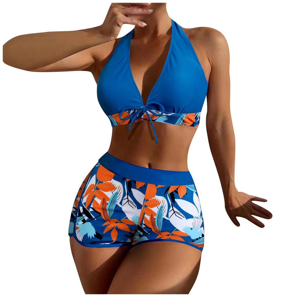 Women's Paneled Printed Swimsuit Ladies Split Boxer High Waist Swimsuit Two-Piece Set
