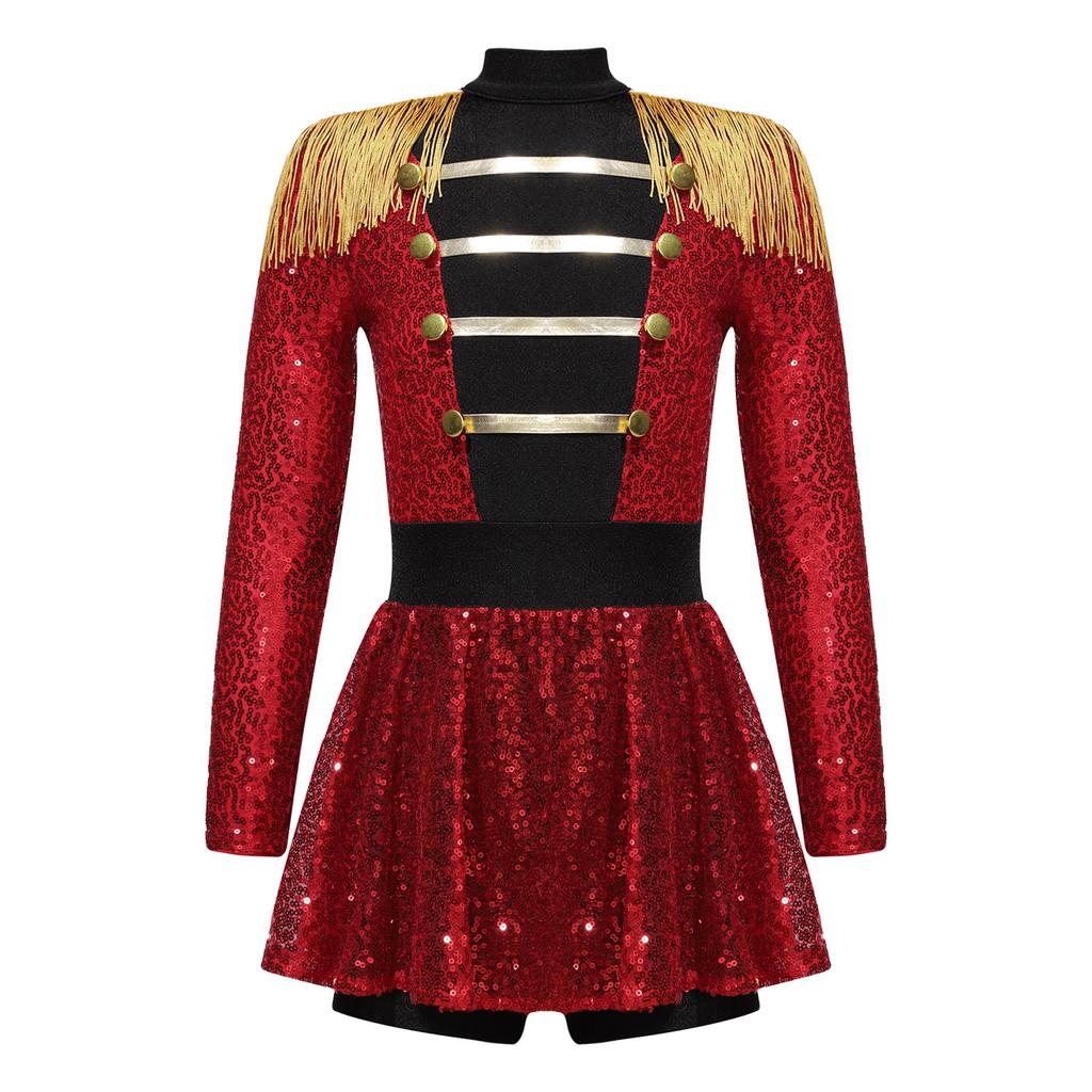 Girls Circus Ringmaster Costume Long Sleeve Shiny Sequins Dress Jumpsuit Halloween Party Fancy Cosplay Outfits Ballet Dancewear