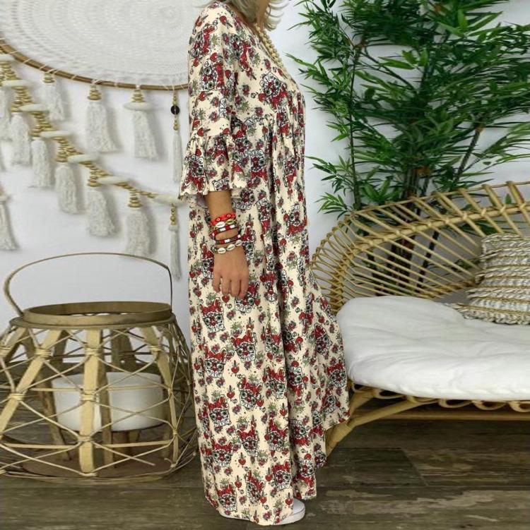 Ladies Plus Size Maxi Dress Long Sleeve V Neck Loose Fit Floral Print