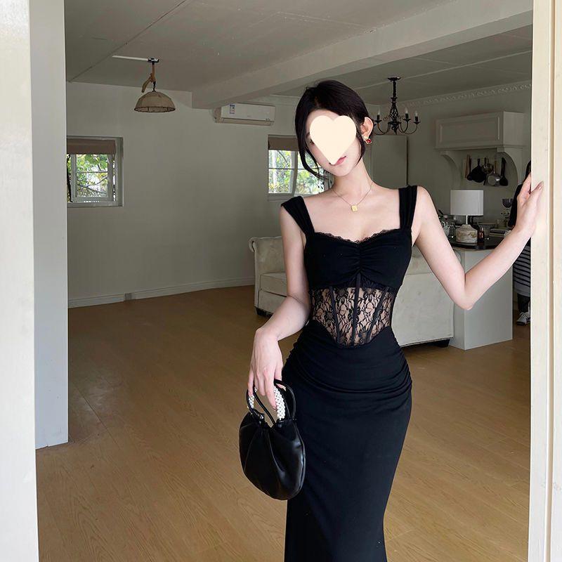 Black lace fishbone splicing high-end hip skirt slim and thin temperament dress sleeveless suspender skirt women