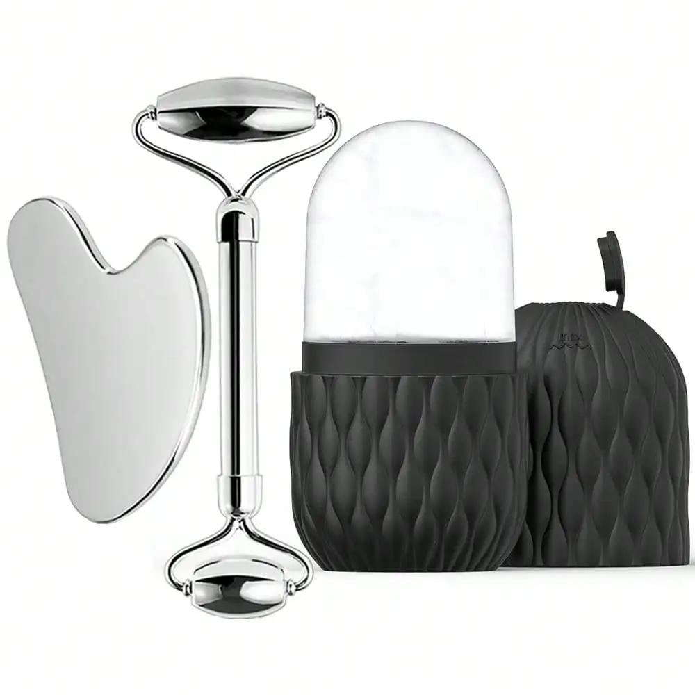 Ice Face Roller & Stainless Steel Gua Sha Tool Set, Facial Massager Ice Roller Skin Care Tool Beauty Set Lifting Contouring Tool