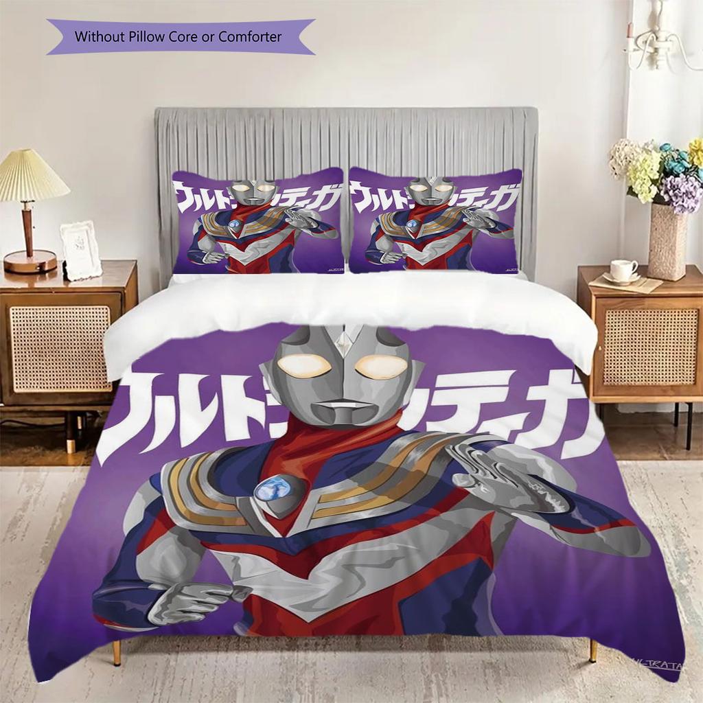 3pc Ultraman cartoon print unbleached bed sheet set(1*Duvet Cover + 2*Pillowcase, Without Core), for bedroom bedding decoration