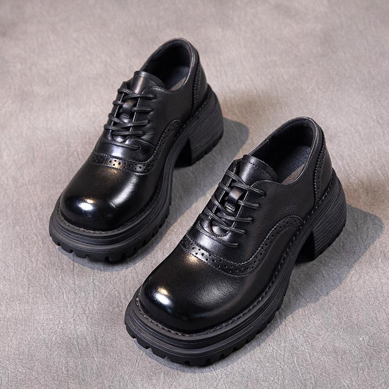 

[Тяжелая промышленность] Лоферы из коровьей кожи первого слоя женские 2025 осень новая кожа ретро на шнуровке маленькие кожаные туфли женская обувь 35