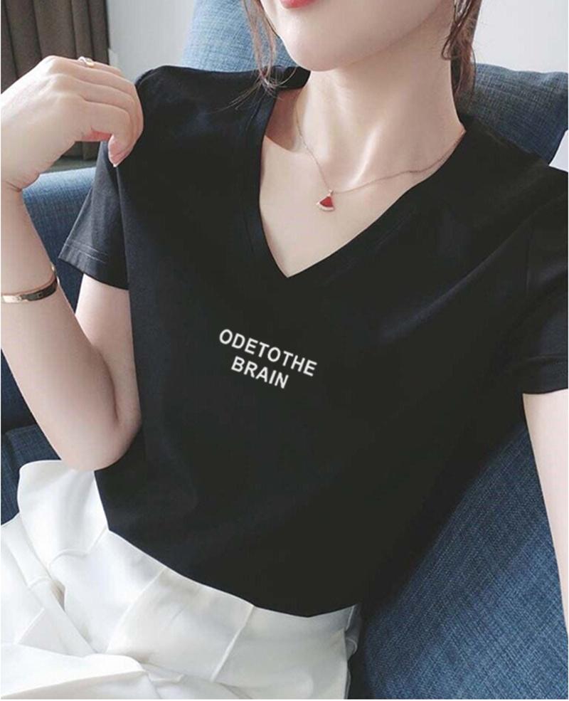 Women's Short Sleeve Graphic Tee V Neck Casual Fashion T-Shirt With Cute Embroidered Print