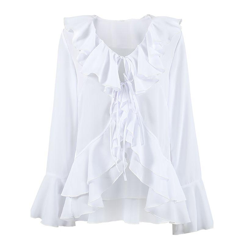 

European and American Women s Shirt White Loose V-neck Frill Lace-up Top 2025 Summer Casual Shirt White M