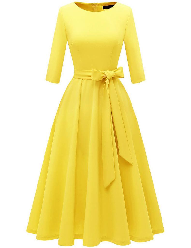Garden Collar Seven-Sleeve Women's Evening Gown with Wide Hem Skirt - Solid Color Vacation Dress