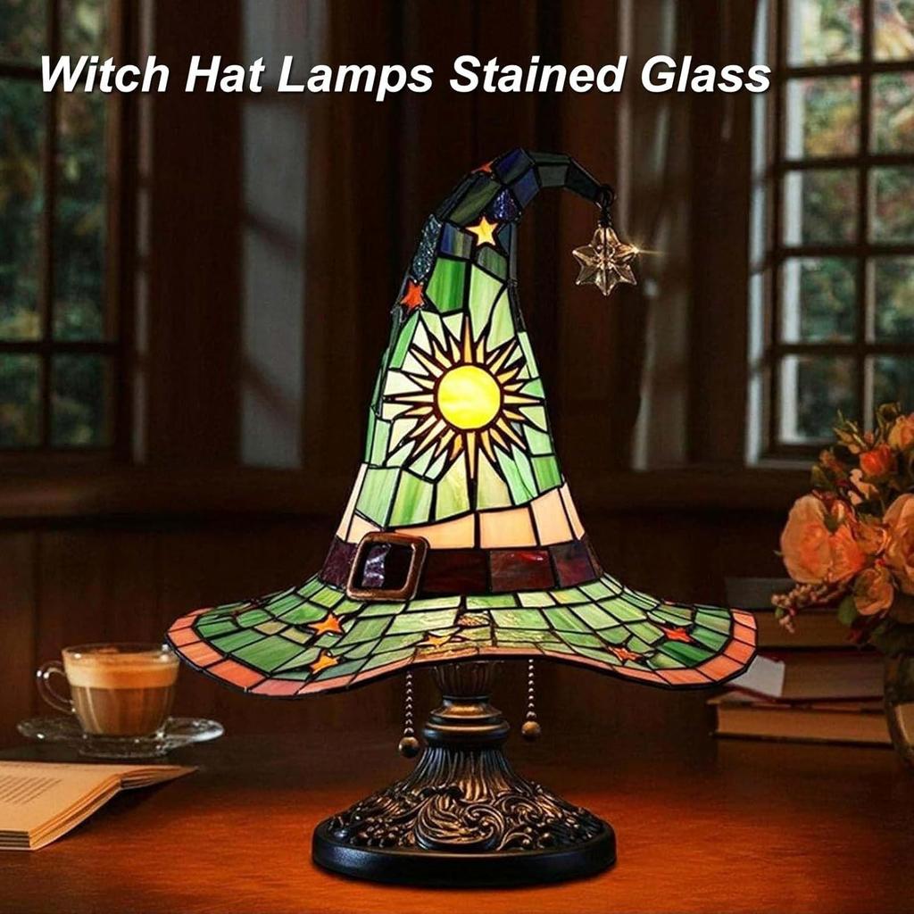 Witch Hat Lamps, Stained Glass Witch Hat Lamp with Mystical Charm, Lamps Stained Glass, Handmade Shape Gothic Lamp for Wiccans and Halloween Lovers,