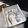Summer New Fairy Style One Word with Water Diamond Silver Buckle Hollow Square Head Sandals Women's Open Toed Sexy High Heels