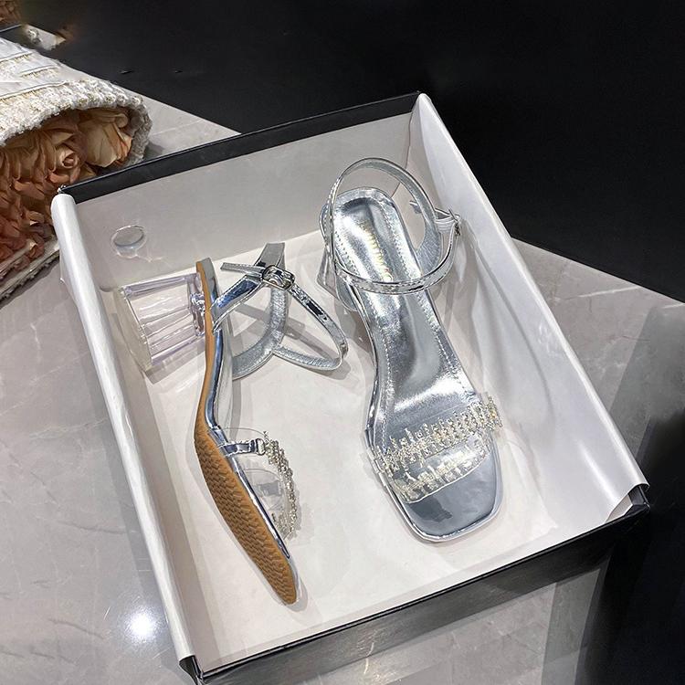 

Летние новые Женские босоножки с открытым носком и квадратной пряжкой в стиле феи One Word with Water Diamond Silver Buckle с высоким каблуком 42 прозрачный