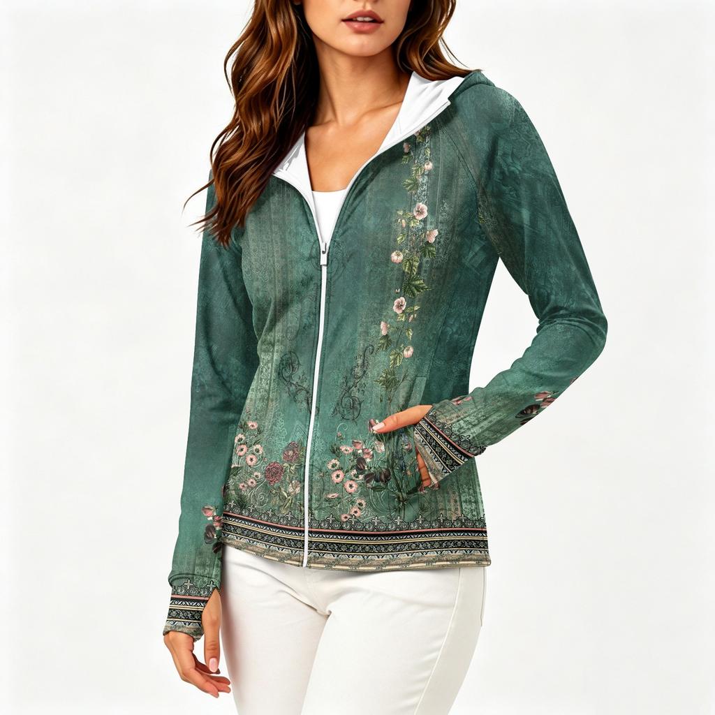 Sudadera con capucha ligera para mujer con cremallera, bolsillos, manga larga, estampado floral, chaqueta con protección solar, prenda exterior informal