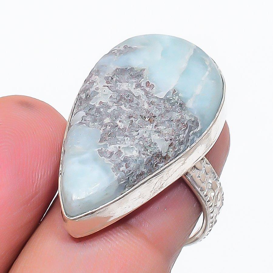 Natural Larimar Gemstone Handmade 925 Sterling Silver Jewelry Ring Size 7 F8W13