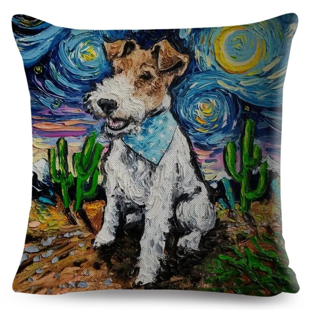 Both Sided Starry Sky Dog Cushion Cover Decor Oil Painting Cartoon Pet Animal Pillow Case for Sofa Home  Linen Pillowcase