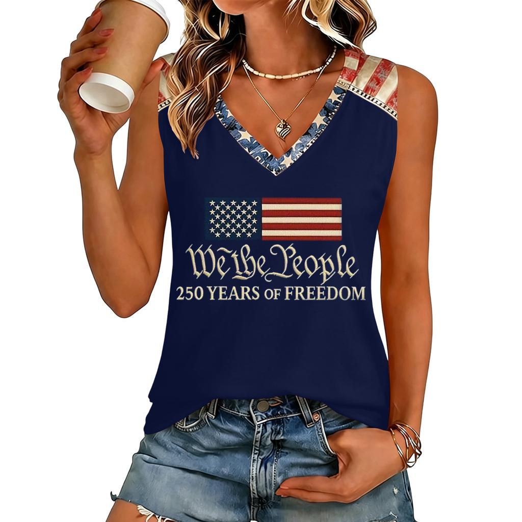 Women V Neck Casual Sleeveless Tank Top 250 Years Of Freedom Letter Print Lightweight Summer Shirt Sleeveless Blouse