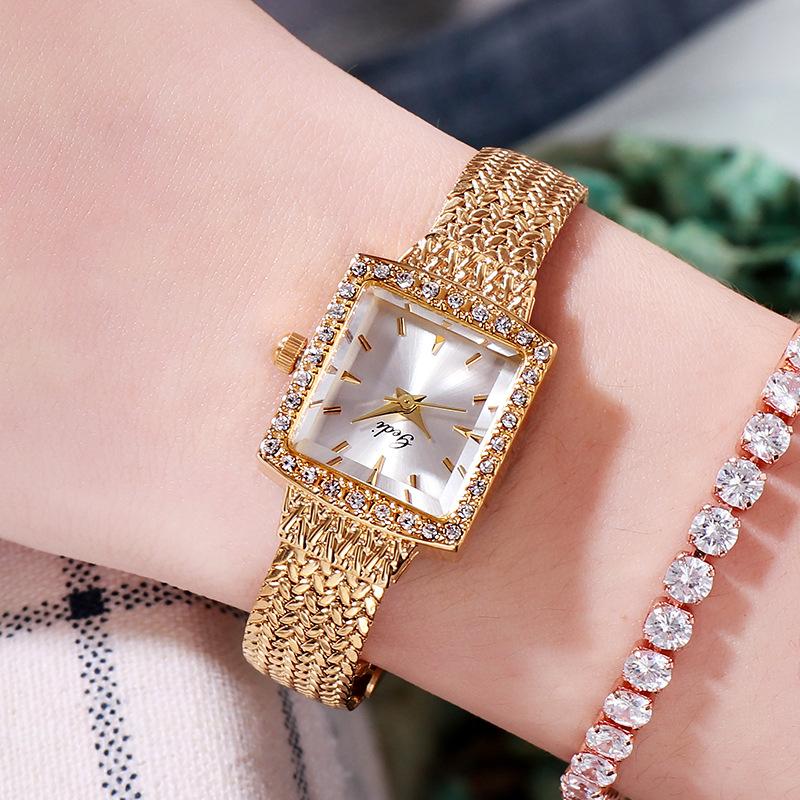Mesh Belt Retro Square Women'S Watch With Diamonds, Women'S Quartz Watch 30M Waterproof