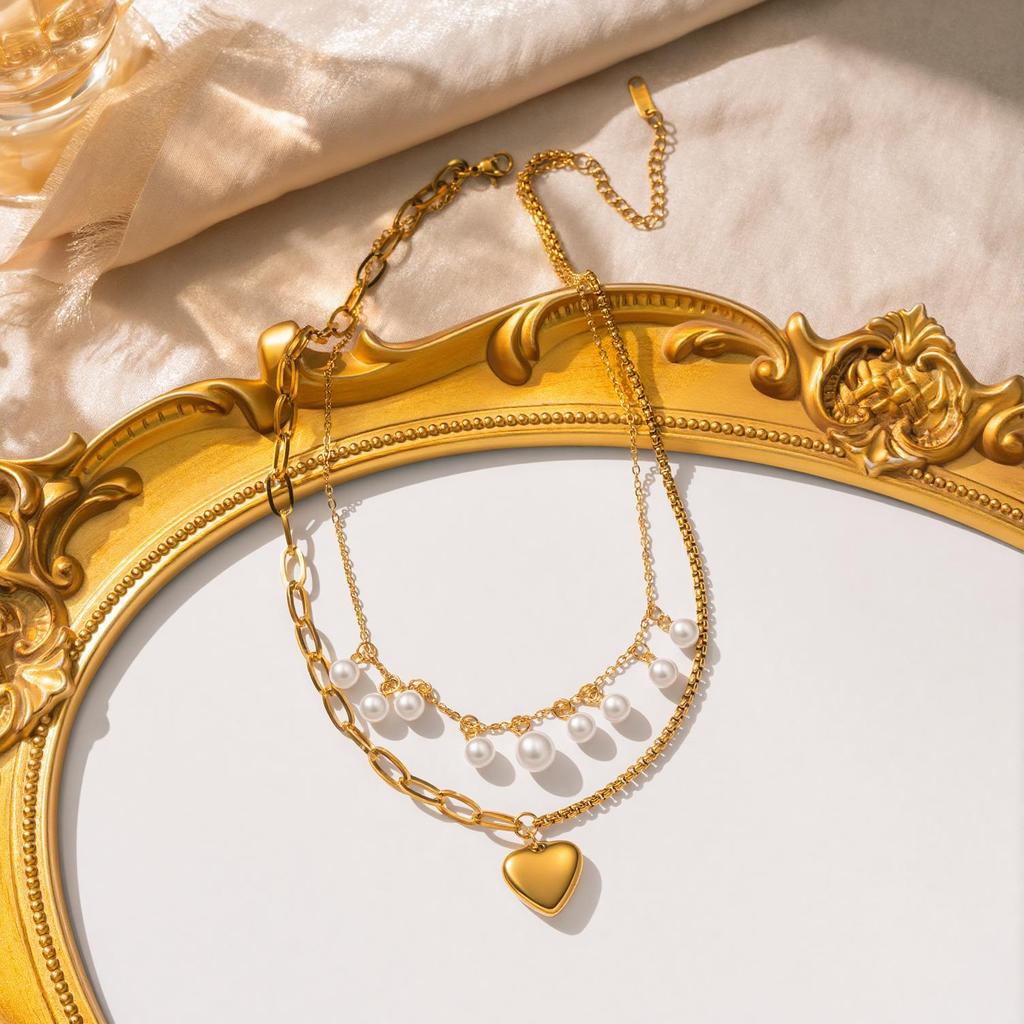 18K Stainless Steel Heart Pendant Pearl Double-Layer Chain Necklace - Colorfast Jewelry